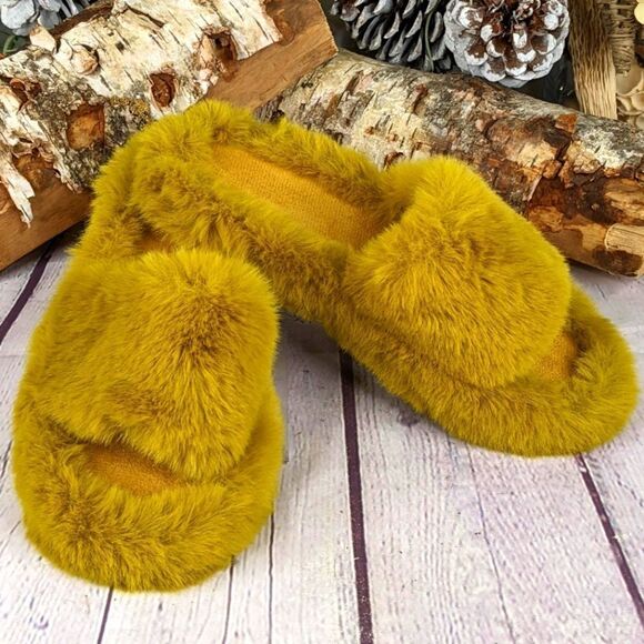 Super Soft and Fluffy Open Toe Faux Fur Slippers - Mustard Yellow - Picture 1 of 10